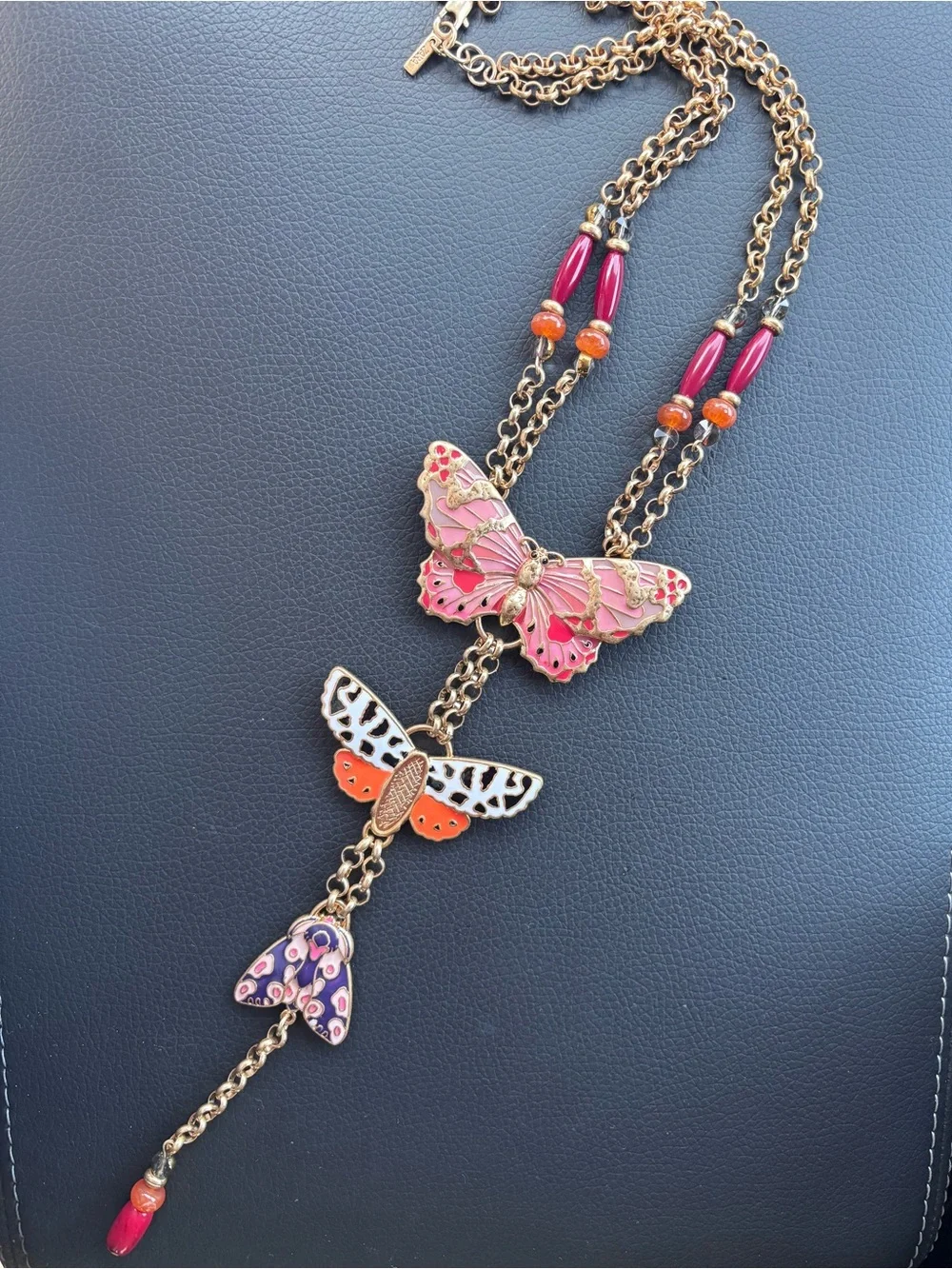 Zara beaded Gold-Tone Pink & Orange Butterfly Pendant Necklace - Women Jewelry